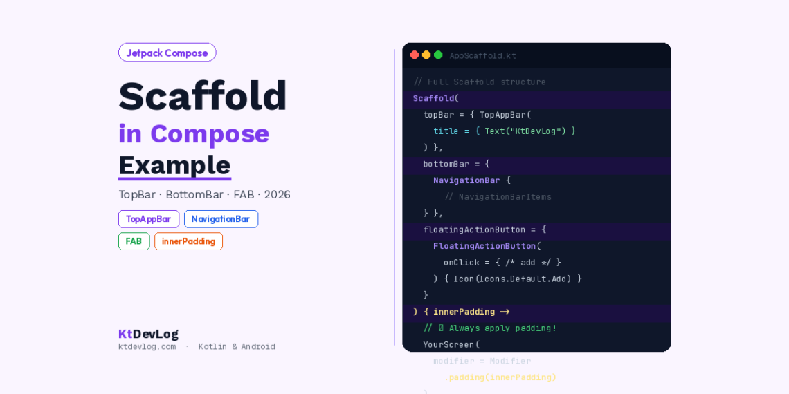 Jetpack Compose Scaffold Example: TopBar, BottomBar & FAB